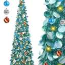 SINTENILL 5 FT Pop Up Christmas Tree with Timer Lights and Decorations, Ice Blue Artificial Tinsel Christmas Tree with 24 Ball Ornaments, Collapsible Pencil Tree for Home, Office, Holiday Party