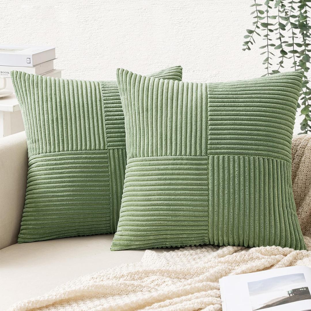 EMEMA Pack of 2 Sage Green Boho Decorative Corduroy Throw Pillow Covers 18x18 Inch Soft Pillow Covers Solid Pillowcases Cross Patchwork Textured Cushion Covers for Living Room Decor Couch Bed Sofa