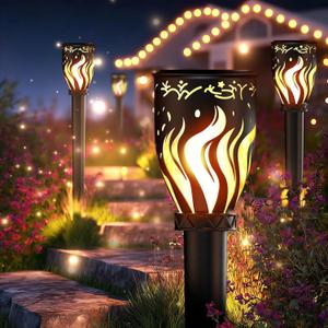 Solar Lights Outdoor 4 Pack - 40'' Solar Powered Pathway Lights with Flickering Flame, Ideal for Gardens, Pathways, Patio, Balcony, Pool - Christmas, Halloween & Year - Round Decor