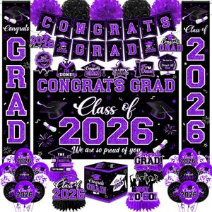 Graduation Decorations Class of 2026,Purple Graduation Decorations 2026- Congrats Grad Decorations Banner Hanging Swirls,Graduation Card Box,Paper Pompoms,Balloons,Porch Sign for College Grad Party