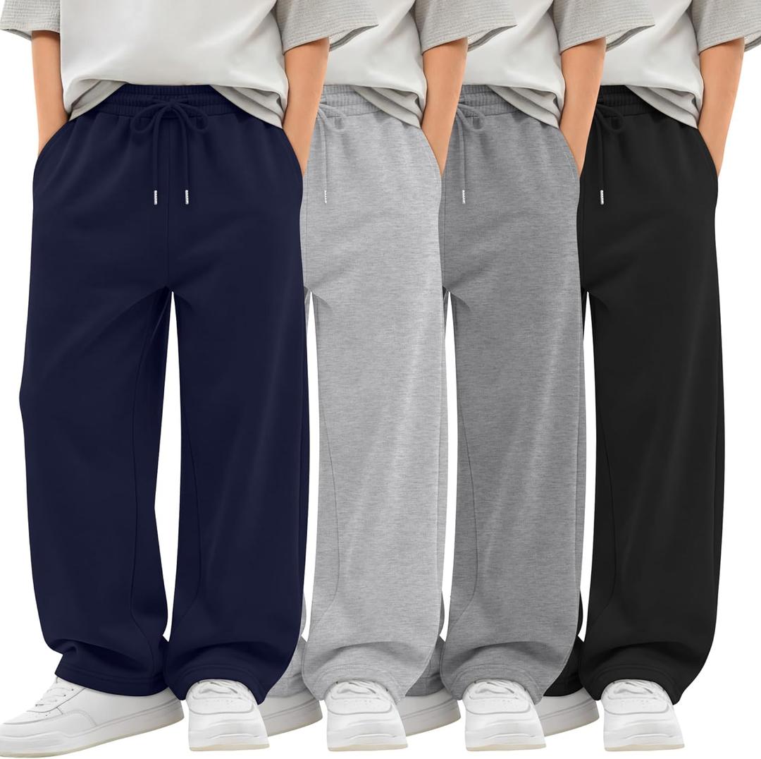 4 Pack Boys Baggy Sweatpants Teen Youth Casual Pants Open Bottom Kids Athletic Drawstring Joggers with Pockets (11-12 Years, Black, Gray, Navy Blue, Light Gray)