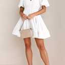 BWQ Women Mini Dress Short Puff Sleeve Sexy V Neck Dress A-line Elastic High Waisted Casual Flowy Summer Dresses (White)