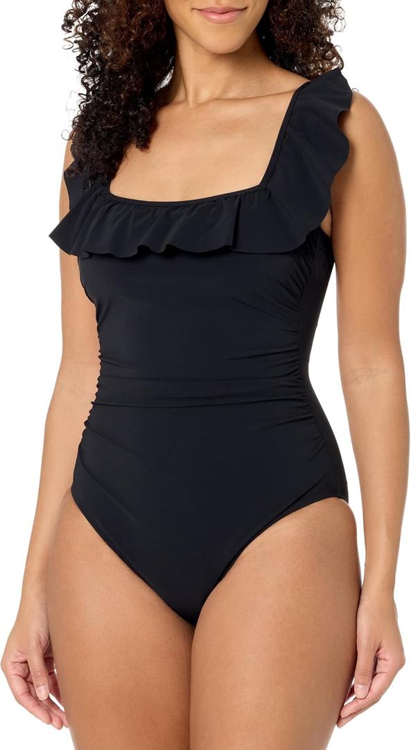 Profile by Gottex Women's Standard Tutti Frutti Recycled Square Neck Ruffle One Piece (16, Black)