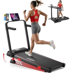 RHYTHM FUN 13% Incline Walking Pad Treadmill, 6.2MPH Foldable Walking Pad with Handle Bar, Under Desk Treadmills for Home Office, 300 LBS Capacity