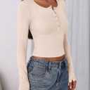 PRETTYGARDEN Women's 2025 Summer Long Sleeve Henley T Shirts Ribbed Knit Button Slim Fitted Basic Casual Going Out Fall Tops (Beige, L)