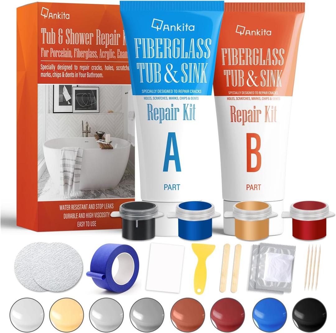 Fiberglass Tub Repair Kit(Color Match), Fiberglass Shower and Acrylic Bathtub Repair Kit for Scratches, Cracks, Chips, Holes on Porcelain, Enamel, Tubs, Tile, Sink, Fix Chipped Almond Fiberglass Tub