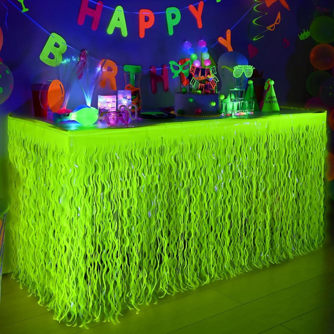Mega-L Glow in The Dark Party Supplies, 2 Pack Neon Party Decorations Fluorescent Macaron Yellow Wavy Metallic Tinsel Foil Fringe Table Skirts, Perfect Table Decors for Glow Party, Birthday Decor
