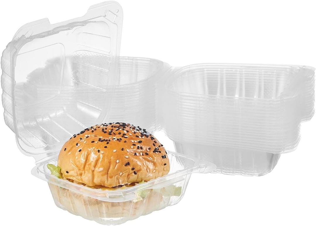 Jaluxing 100 Count Clear Plastic Hinged Food Take Out To-Go Clamshell Containers, 6" W Disposable Takeout Tray for Dessert, Cakes, Cookies, Salads, Pasta, Sandwiches (Formerly FULING)