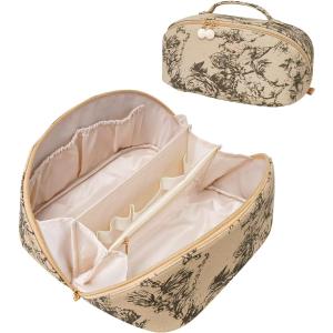 Large Capacity Cosmetic Bag for Women, Waterproof PU Leather Makeup Bag for Travel,Toiletry Bag Make up Organizer with Divider and Handle (Lighting Coffee)