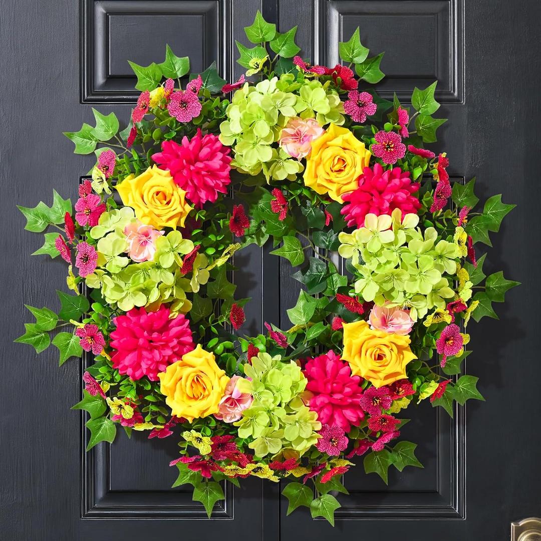 MARTINE MALL Spring Wreaths for Front Door 24 Inch Large Spring Summer Door Wreath Vibrant Colorful Hydrangea Rose Wreaths Artificial Flower Wreath for Indoor Outdoor Wall Farmhouse Porch Window Decor
