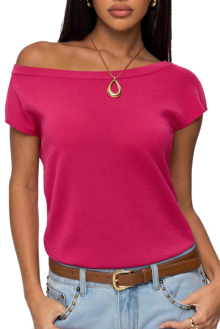 SUUKSESS Women Silk Cashmere Blend Off The Shoulder Tops Summer Lightweight Knit Trendy Sweaters Going Out Loose Fit Shirts (Rose Pink, Large) (Pink, L)