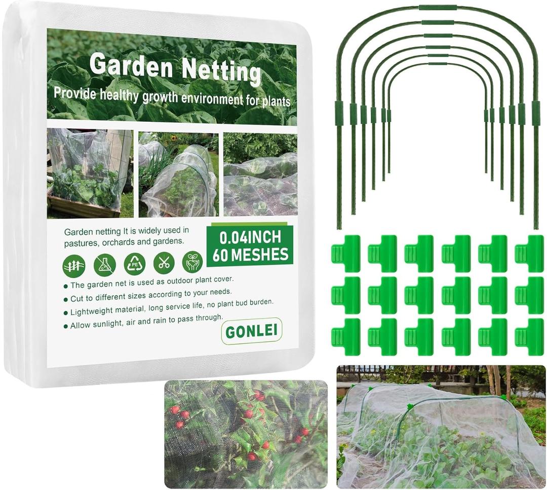 GonLei 10x43FT Garden Mesh Netting Kit Raised Beds (6 Pcs Garden Hoops & 18 Clips) Garden Hoops Plant Row Covers Netting Protection Berry Bush Trees Grass Seed Barrier Net (White)