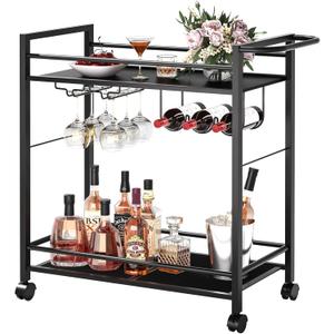 Bar Cart, Home Bar Serving Cart with Storage Shelves, 2 Tier Rolling Beverage Cart with Wheels, Modern Wine Cart with Wine Rack and Glass Holder for Kitchen, Living Room, Dinning Room, Black