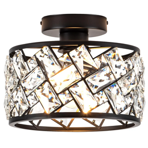 Crystal Ceiling Light Fixture, Modern Semi Flush Mount Ceiling Light,Crystal Chandelier for Kitchen Bedroom Bathroom Entryway, Black Finish