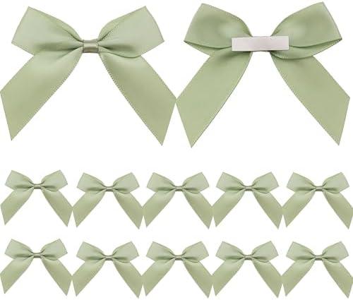 Sage Green Satin Ribbon Bows 50Pcs Self Adhesive Satin Bows Gift Wrapping Premade Ribbon Bows with Double-Sided Tape for Making Crafts Christmas Birthday Wedding Decorations