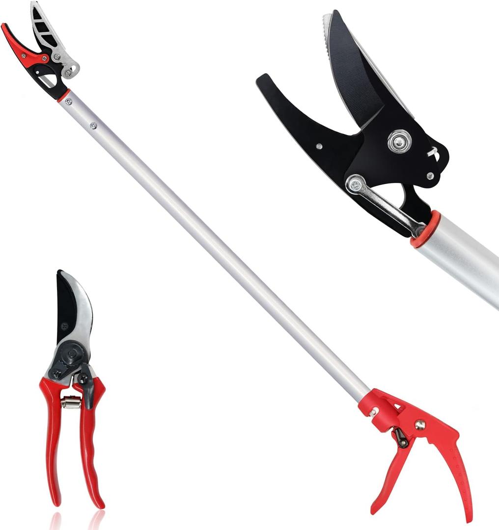32-Inch Cut and Hold Pruners, Long-Reach Tree Pruner with Rotating Cutter Head, Long Pruning Shears for Garden, Fruit Picking, Branches Trimming