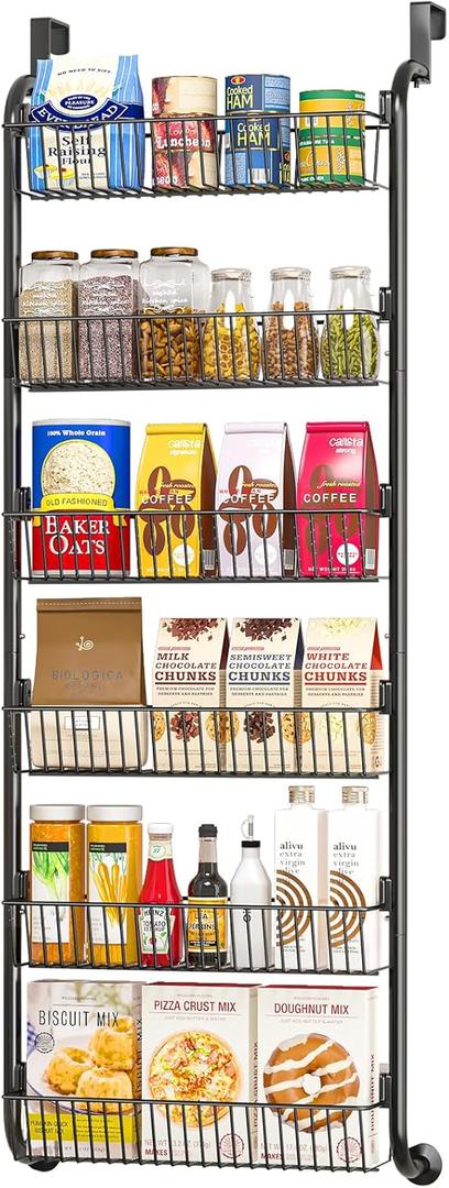 Over The Door Pantry Organizers and Storage, 6-Tier Spice Rack, Home & Kitchen Storage Shelves for Cabinet, Large Capacity Hanging Seasoning Organizer, Laundry Room Organization, Black