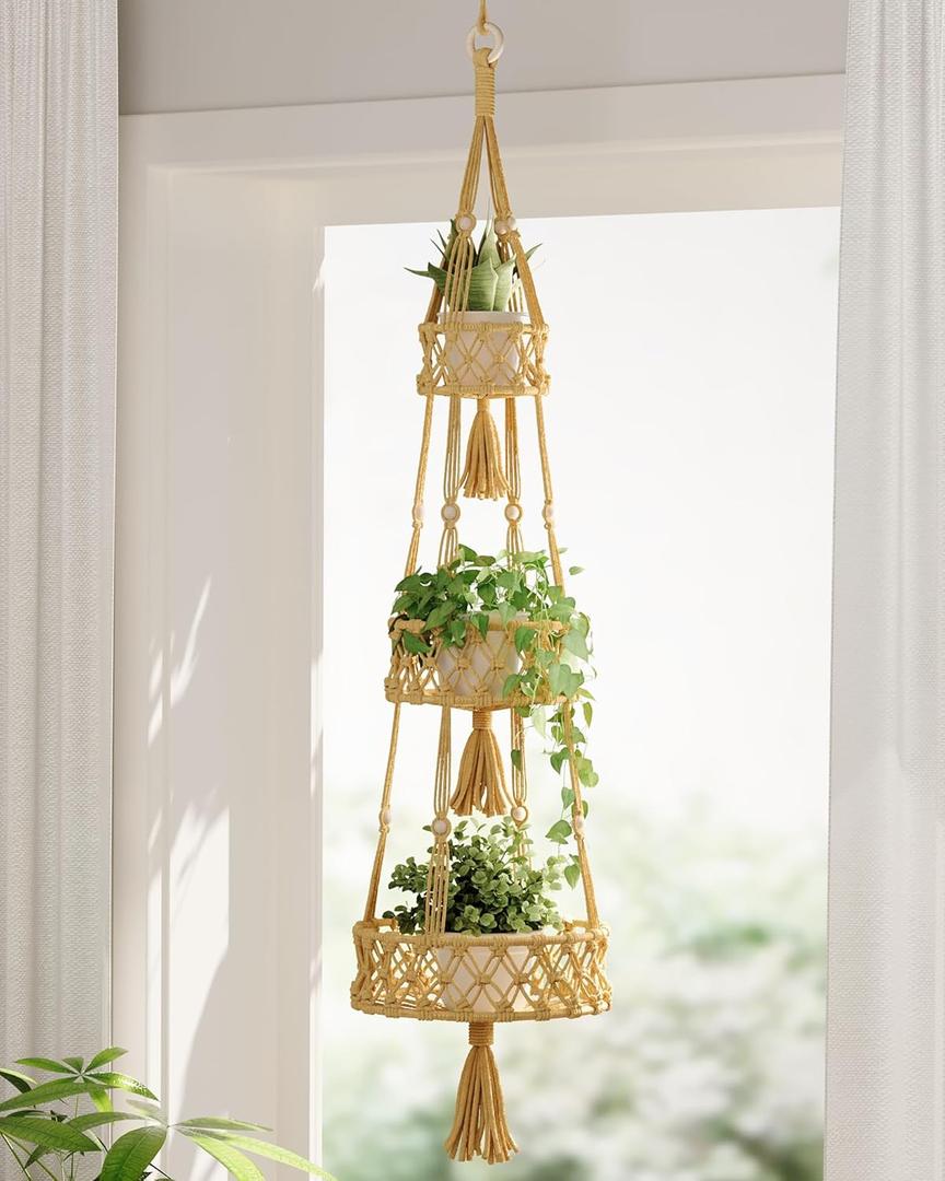 Leaf&lull Macram Plant Hanger Indoor 3-Tier Hanging Planters for Indoor Outdoor Plants Boho Hanging Plant Holder Woven Plant Basket Decorative Haning Flower Pot Holder for Home Decor