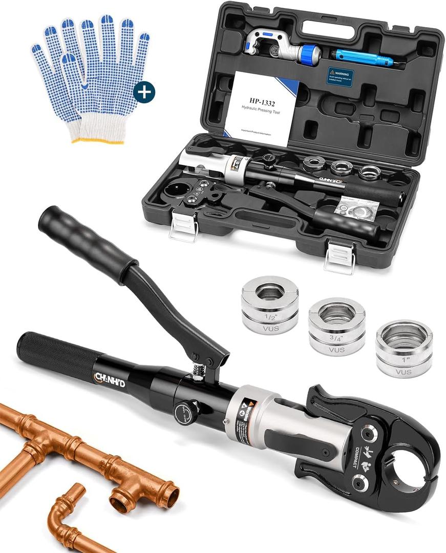 Hydraulic Copper Tube Fittings 1/2, 3/4, 1" Press Crimping Tool Kit Pex Pipe Crimper Pressing Pliers Stainless PEX Press Sleeves for Narrow Space Tee Copper Pipe