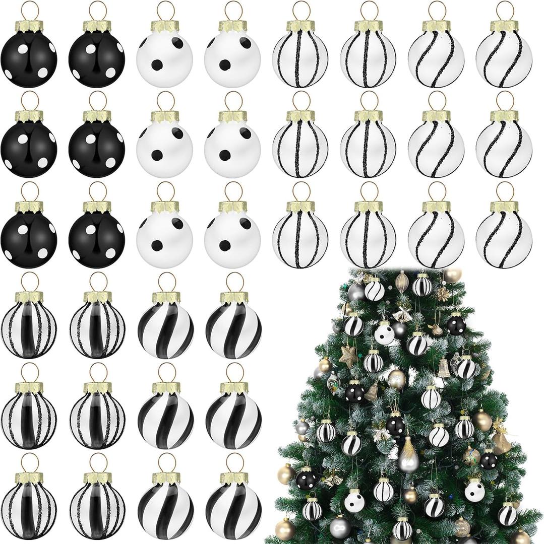 Zhanmai 36 Pcs Black and White Mini Christmas Ball Ornaments 1 Inch Glass Candy Balls Miniature Ornaments Hanging for Christmas Tree Holiday Party Decoration