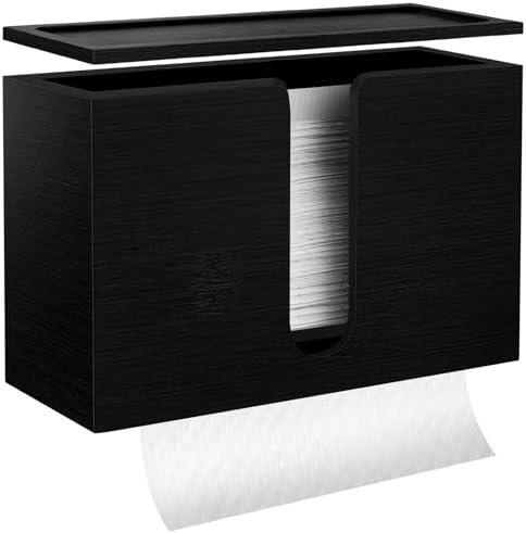 Bamboo Paper Towel Dispenser, Black Paper Towel Holder with Lids Wall Mount or Countertop for Multifold, C Fold, Z fold, Trifold Hand Towels Napkin Holder for Bathroom Toilet and Kitchen