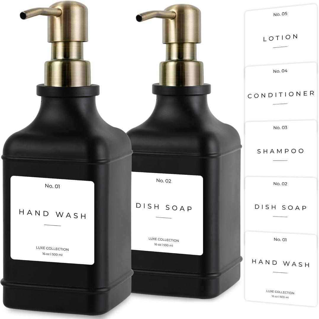 Emerson Essentials Soap Dispenser, Dish Soap Dispenser, Soap Bottle Bathroom Set, Hand Soap Farmhouse Home, Kitchen Soap Dispenser Set - Glass Soap Dispenser with Pump and Labels, 16 Oz, 2 Set (Black | Brass)