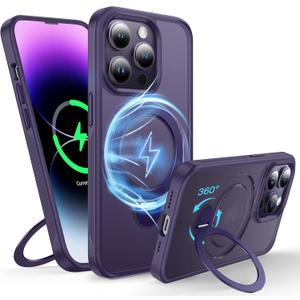 360Rotatable Magnetic Ring for iPhone 14 Pro Max Case Compatible with MagSafe [Non-slip Texture Edge][Built-in Kickstand][Military Shockproof]Translucent Matte Soft Silicone Bumper Slim,Purple