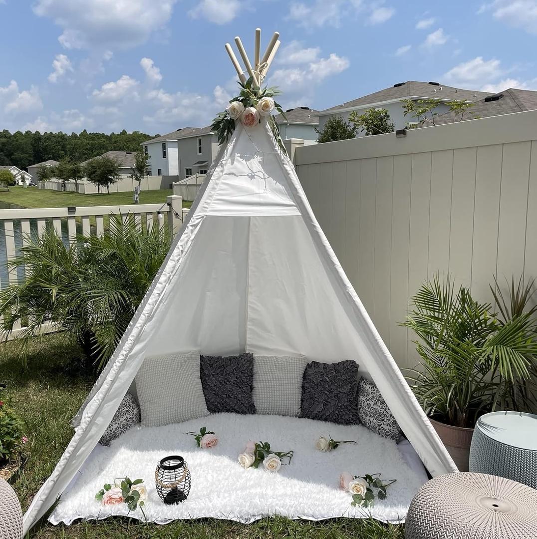 7' Large Teepee Tent for Adults, Play Tent with Carry Bag, 5 Sides Canvas Kids Teepee Tent Indoor & Outdoor Tents for Party, Wedding, Photo Prop, White