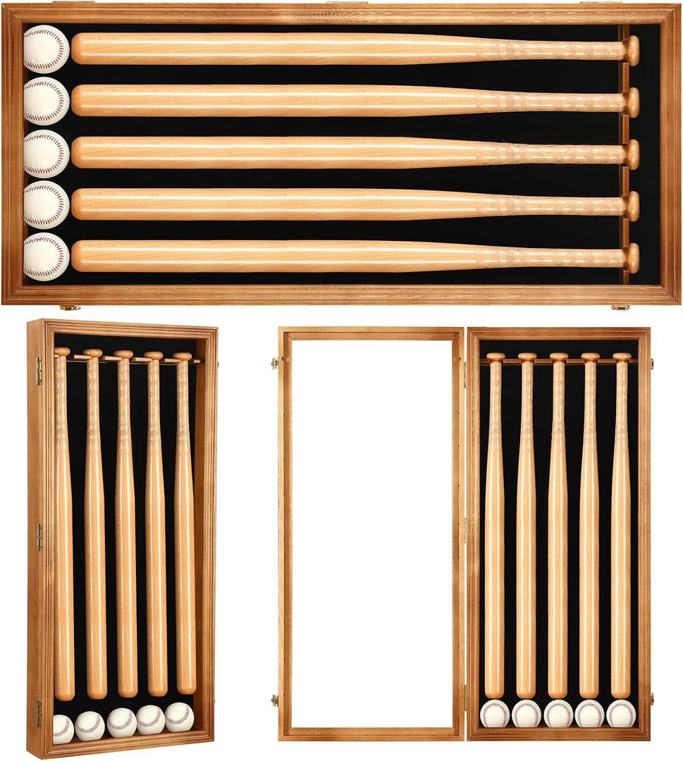 Seenelling 5 Baseball Bat Display Case Wall Mounted, Wooden Frame with UV Protection Acrylic Transparent Door, Vertical Horizontal Shadow Box Holder Rack Cabinet (Bats and Baseballs Not Included)