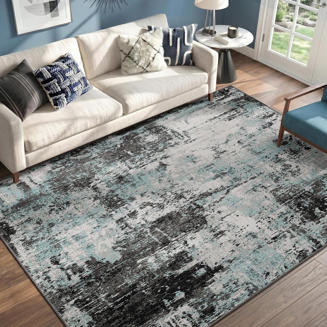 RELEANY Washable Area Rugs 5'x7' Non-Slip Modern Abstract Soft for Living Room Entryway Bedroom Nursery, Print Pattern, Blue Black Teal