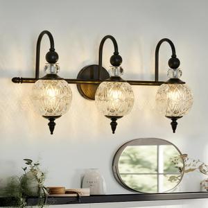 Piepooye Vintage Bathroom Light Fixtures Black Vanity Light with Glass Globe LampShade 3 Lights Mid Century G9 Bulb Wall Sconce Indoor Vanity Light Over Mirror for Kitchen Bedroom Farmhouse