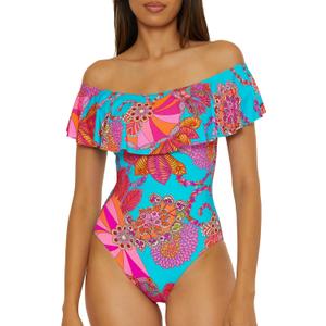 Trina Turk Women's Monaco One Piece Swimsuit, Off Shoulder, Bathing Suits (10, Meilani)