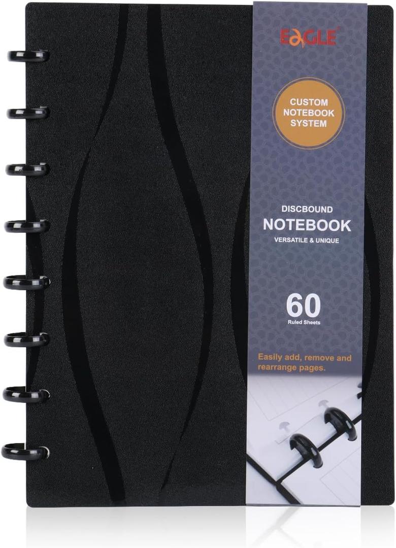 Eagle Discbound A5 Notebook, Customizable Refillable Loose Leaf Planner, Junior Size, Poly Cover, 60 Sheets Ruled/Lined Pages (Black)