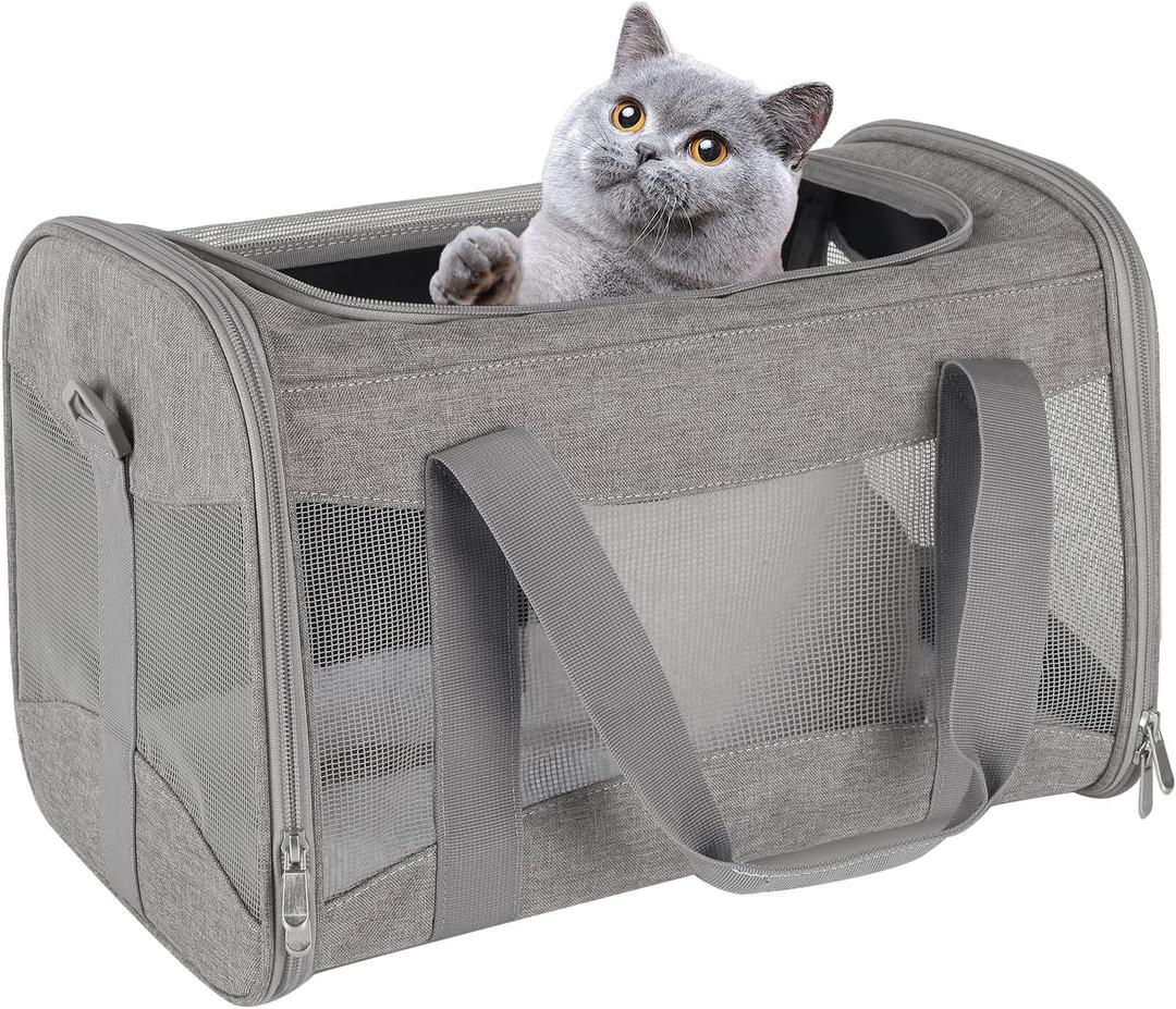 Cat Carrying Case - Pet Carrier Airline Approved, Protable and Breathable Pet Travel Carrier Removable Fleece Pad, Collapsible Cat Carrier Dog Carrier for Medium Cats Small Cats Dogs (X-Large, Grey) (20.0"L x 13.0"W x 13.0"H)
