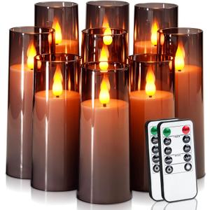 Amagic Grey Flameless Candles 9 Set, Battery Operated Candles with Remote Control and Timer, Flickering LED Pillar Candles for Home Halloween Decor, 3D Wick, Warm Yellow Light, D2.2 xH5 6" 7"