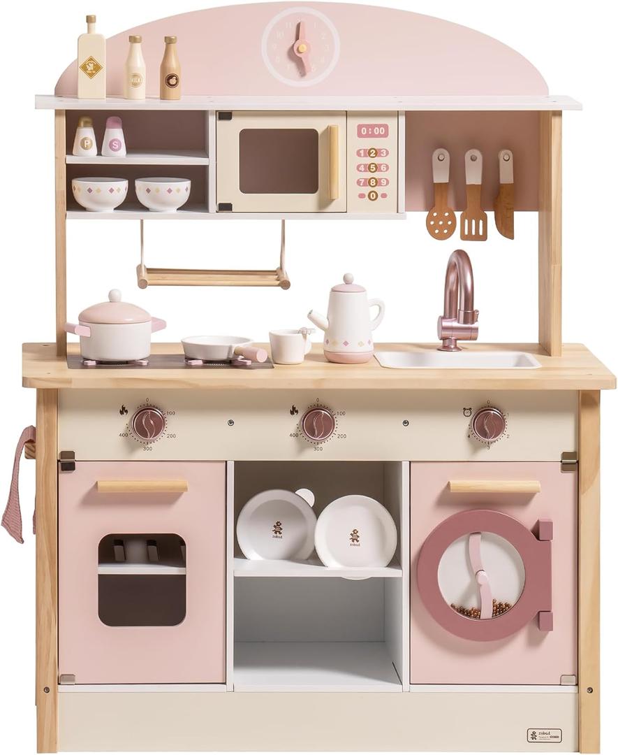 ROBUD Play Kitchen for Kids Toddlers, Wooden Play Kitchen, Toy Kitchen Set Realistic Accessories, Plenty of Play Features, Modern Style Toy Kitchen for Girls & Boys, Gift for Ages 3+, Pink 