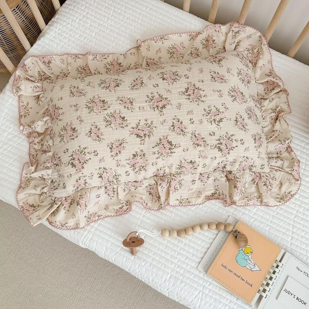 BuLuTu Muslin Toddler Kids Pillowcases Standards Size Pillow Cases for Toddlers Bed, Pink Floral Girls Boys Pillow Covers Fit for Children Pillow Sized 20"x26", Envelope Closure