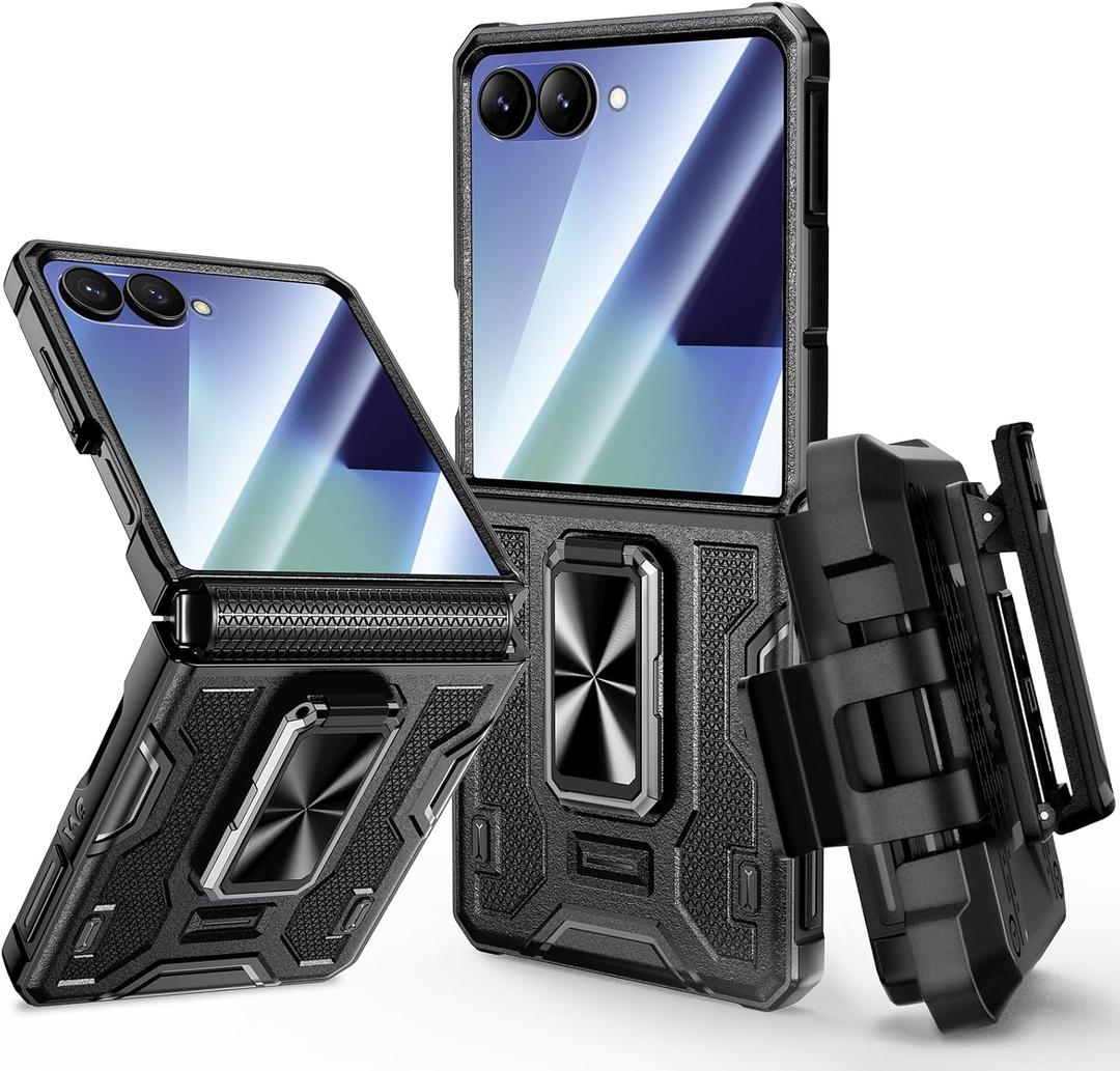 VEGO for Galaxy Z Flip 7 Case, 360 Rotatable Ring Kickstand & Belt Clip Holster & Tempered Glass Camera Screen Protector & Hinge Protection, Shockproof Case for Samsung Flip 7 5G - Black