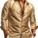 Barry.Wang Mens 70s Disco Dress Shirts Paisley Long Sleeve Designer Outfit Floral Top for Dance Party Casua (X-Large, Gold Jacquard)