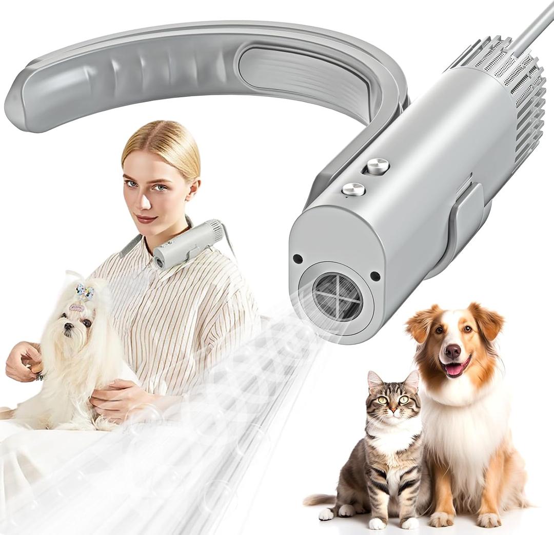 Cat and Dog Universal Pet Hair Dryer 200 Million Negative Ions, Low Noise Hands-Free Neck Hanging Hair Dryer with Automatic Cleaning, Speed and Temperature Adjustment, for Home/Pet Shop Use