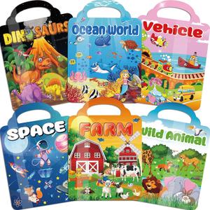 Kalysky 6Set Puffy Sticker Books for Kids 2-4, 3D Reusable Stickers Books for Toddlers 1-3 2-4,Farm+Animal+Dinosaurs+Ocean World+Space+Vehicle