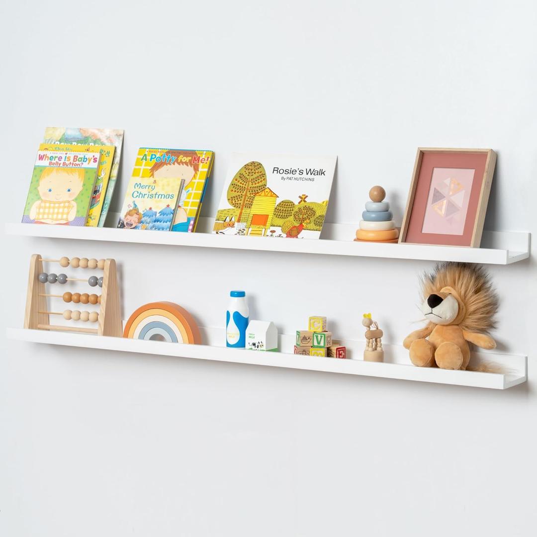 Picture Ledge Shelf for Wall, 48 inch Solid Pine Wood Nursery Book Shelves 2 Packs, Floating Ledge Shelves for Kids' Room Bedroom Bathroom Living Room Photo Frames Office Nursey Wall Decor, White (48'', set of 2)