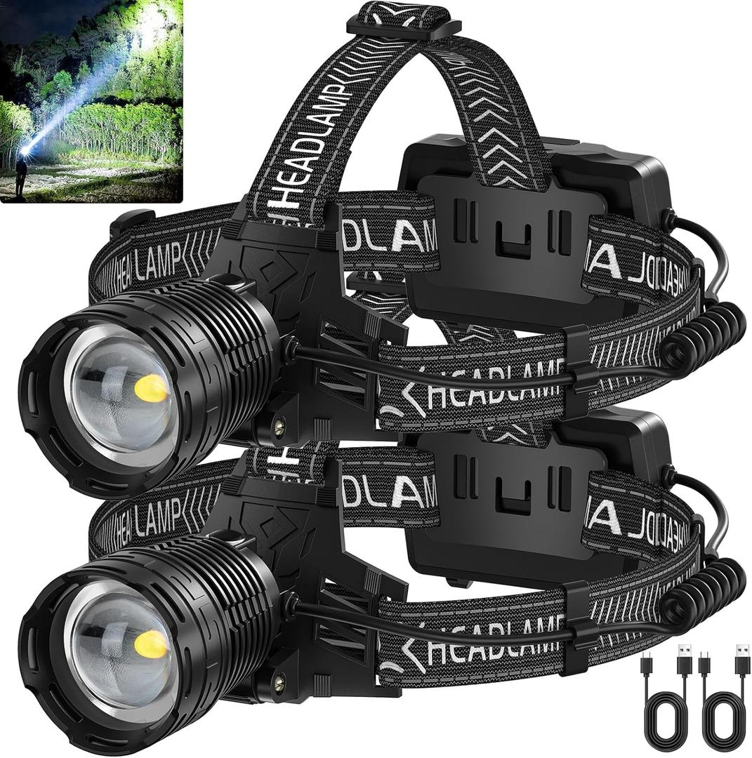 Rechargeable Headlamp, 990,000 Lumens LED Head Lamp with 3 Light Modes, USB Rechargeable, 90Adjustable, Waterproof, Super Bright Headlamps for Adults Camping Running Biking (ATTERY Included)