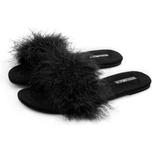 BCTEX COLL Women's Fuzzy Open Toe Slippers Memory Foam Feather Slides Fluffy Furry Indoor House Sandals (8, Black)