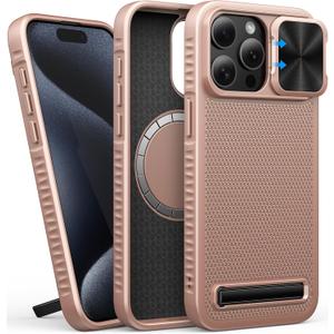 for iPhone 15 Pro Max Case Compatible with MagSafe, Built-in Kickstand & Slide Lens Cover, Military-Grade Drop Protection Rugged Hard Magnetic Phone Case for iPhone 15 Pro Max 5g 2023, Rose Gold