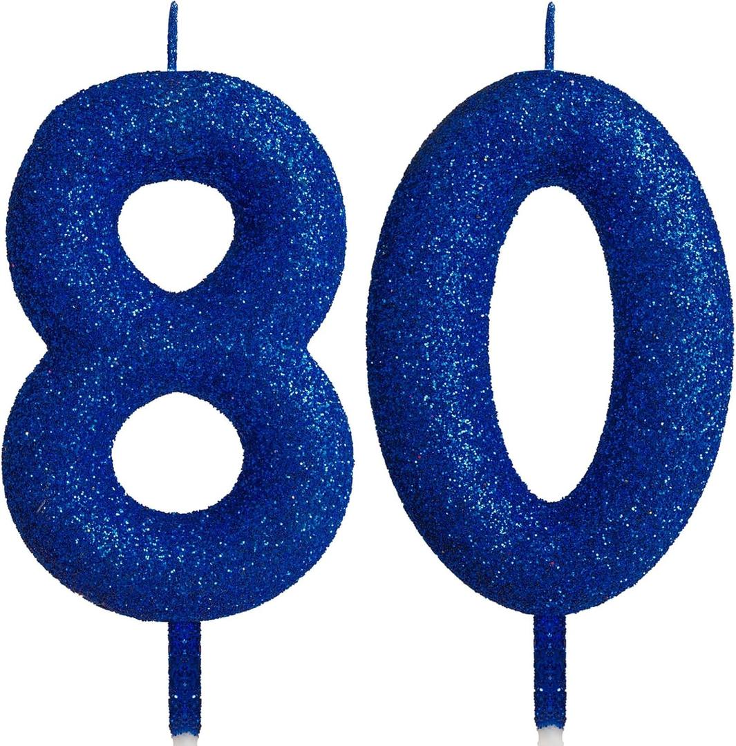 80th Glitter Birthday Candles, Blue Birthday Number Candle for Cake Topper Decorations for Girls Birthday Party Wedding Anniversary Celebration Supplies