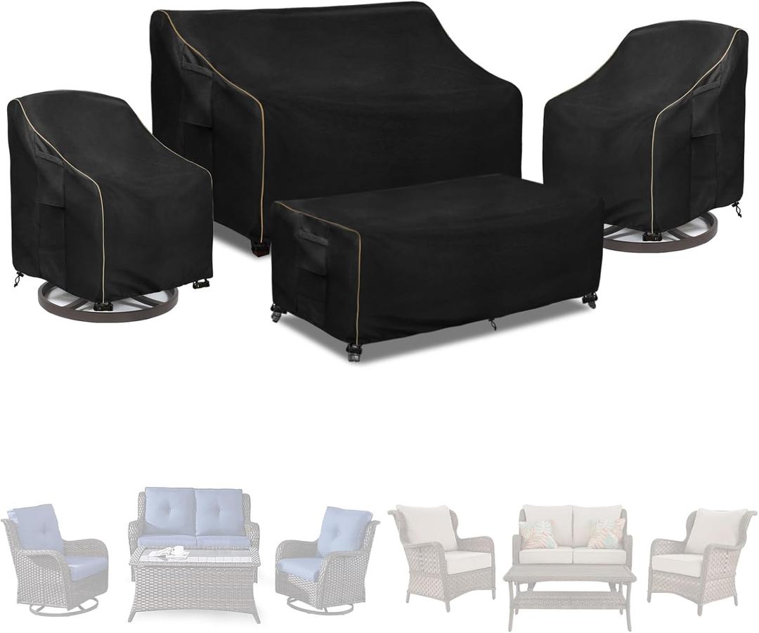 Patio Furniture Covers 4 Piece Set, 600D Heavy Duty Outdoor Furniture Covers Waterproof for Patio Loveseat, Swivel Rocker Chair and Coffee Table,Black (Large)
