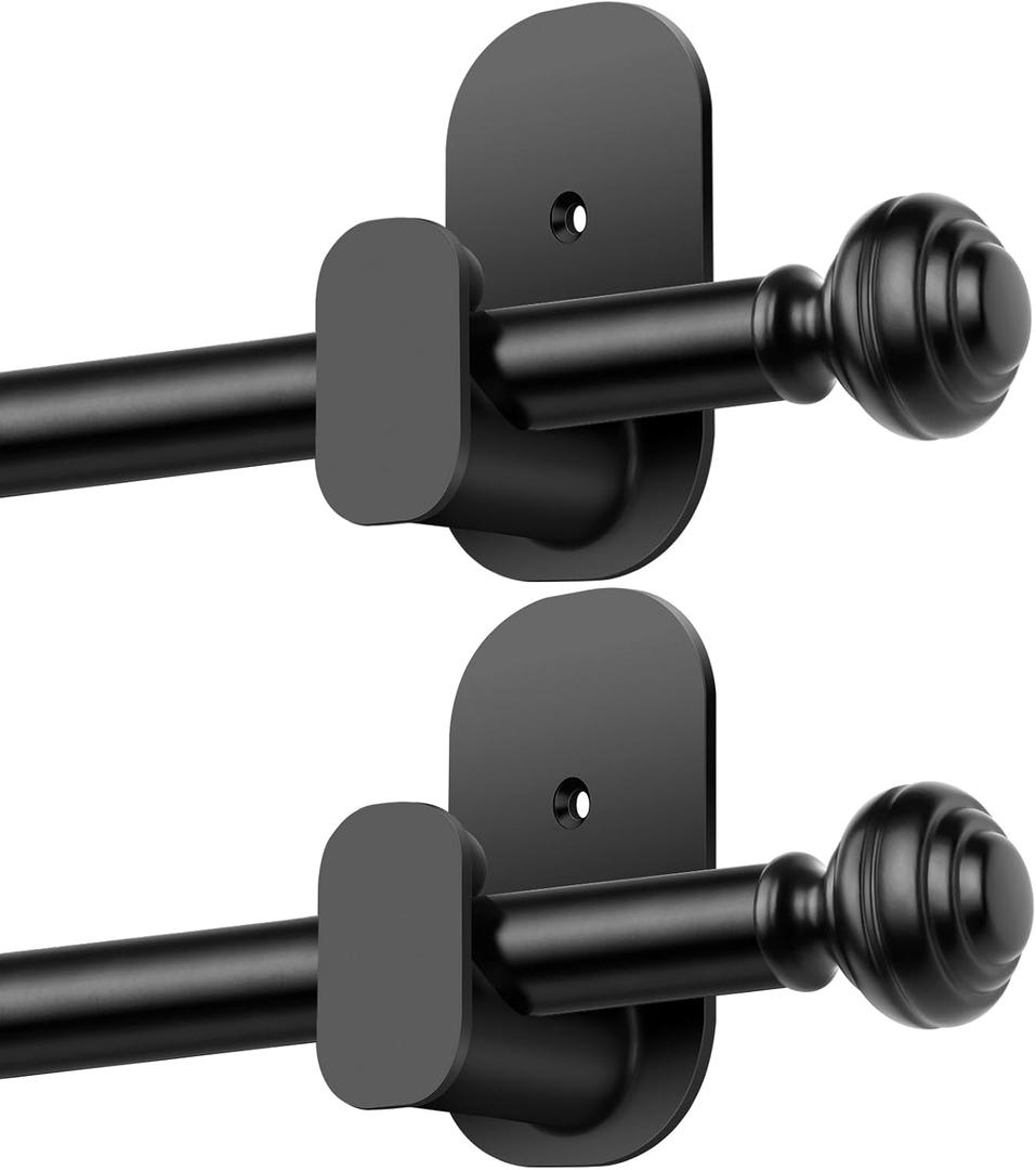 KAMANINA No Drill Curtain Rods for Windows 32 to 58 Inches, 5/8 Inch Renter Friendly Curain Rod 2 Pack Adjustable Drapery Rod with 3M Adhesive Brackets without Drilling, Black