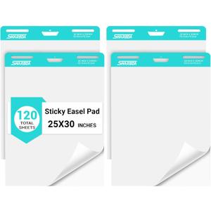 Sticky Easel Pad, 25 in x 30 in,Flip Chart Paper,Sticky Chart Paper for Teachers, Large Self-Stick Easel Paper,Super Sticky & Bleed-Resistant,30 Sheets/Pad,4 Pads (Blank Paper/4 Pack)
