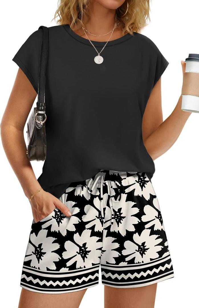 WIHOLL Two Piece Sets for Women Summer Crew Neck Lounge Short Sets Cap Sleeve Drawstring Sweatsuit with Pocket (Black, XL)